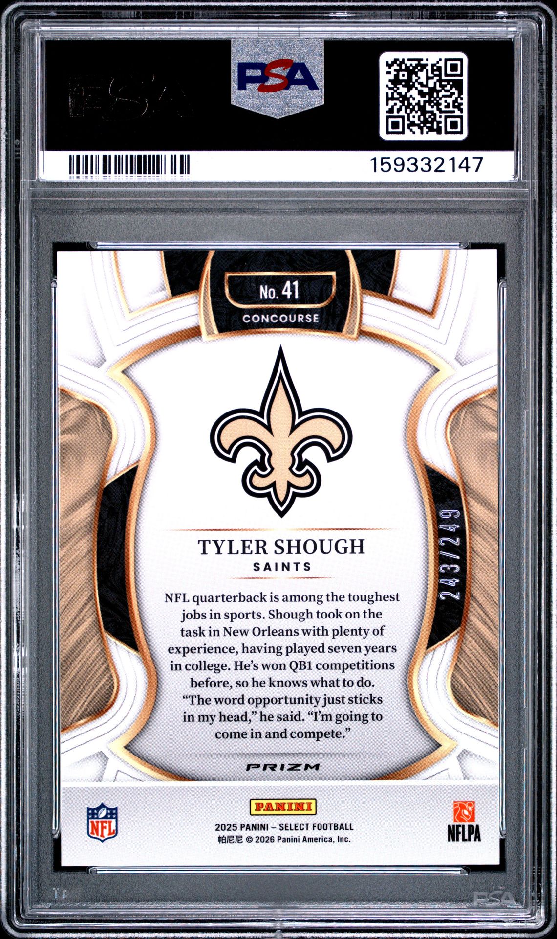 2025 Panini Select Tyler Shough #41 (Blue Prizm) Gem Mt 10 back view - PSA certificate #159332147