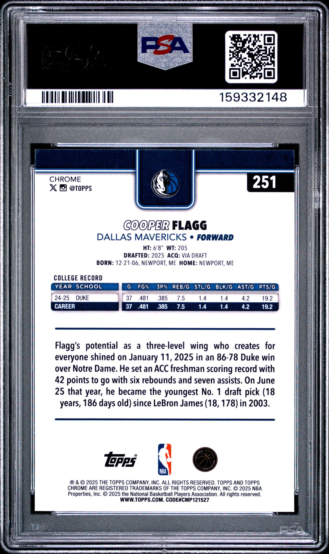 2025 Topps Chrome Cooper Flagg #251 (X-Fractor) Mint 9 back