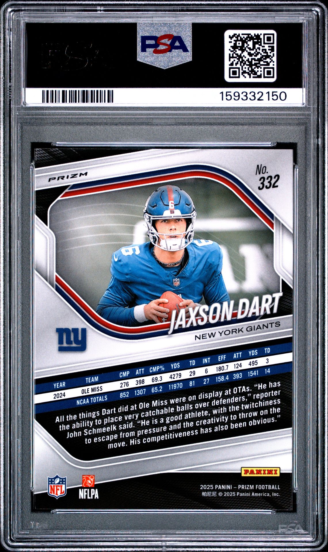 2025 Panini Prizm Jaxson Dart #332 (Lazer Prizm) Mint 9 back