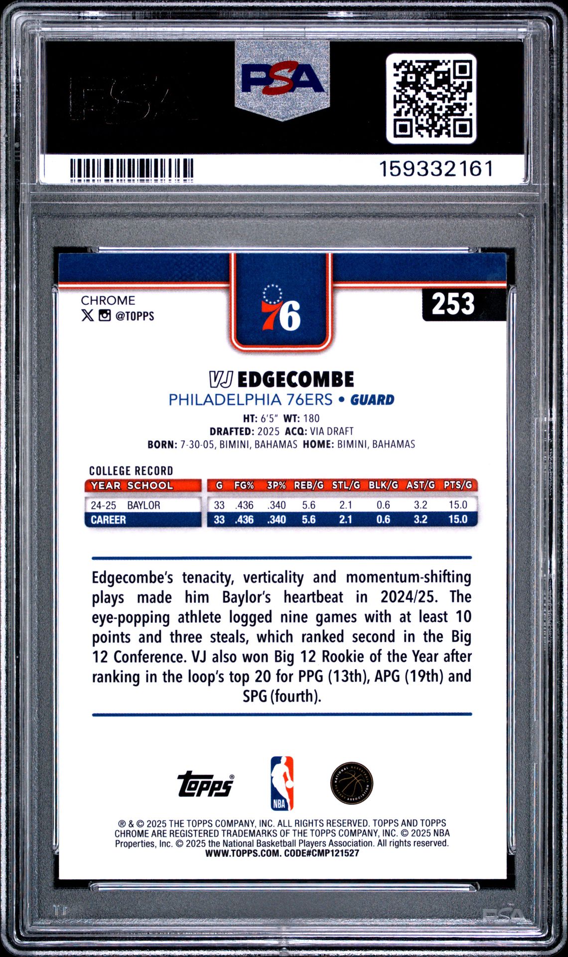 2025 Topps Chrome Vj Edgecombe #253 (X-Fractor) Mint 9 back