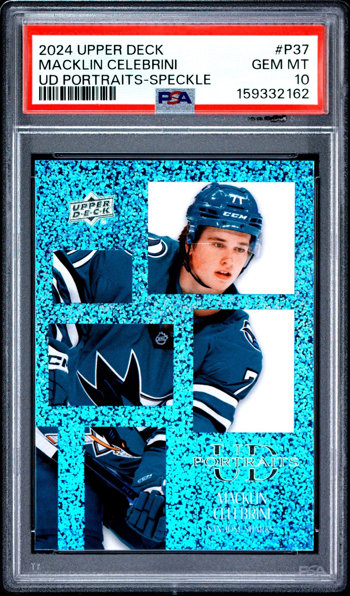 2024 Upper Deck Ud Portraits Macklin Celebrini #P37 (Ud Portraits-Speckle) Gem Mt 10 front view - PSA graded GEM MT 10