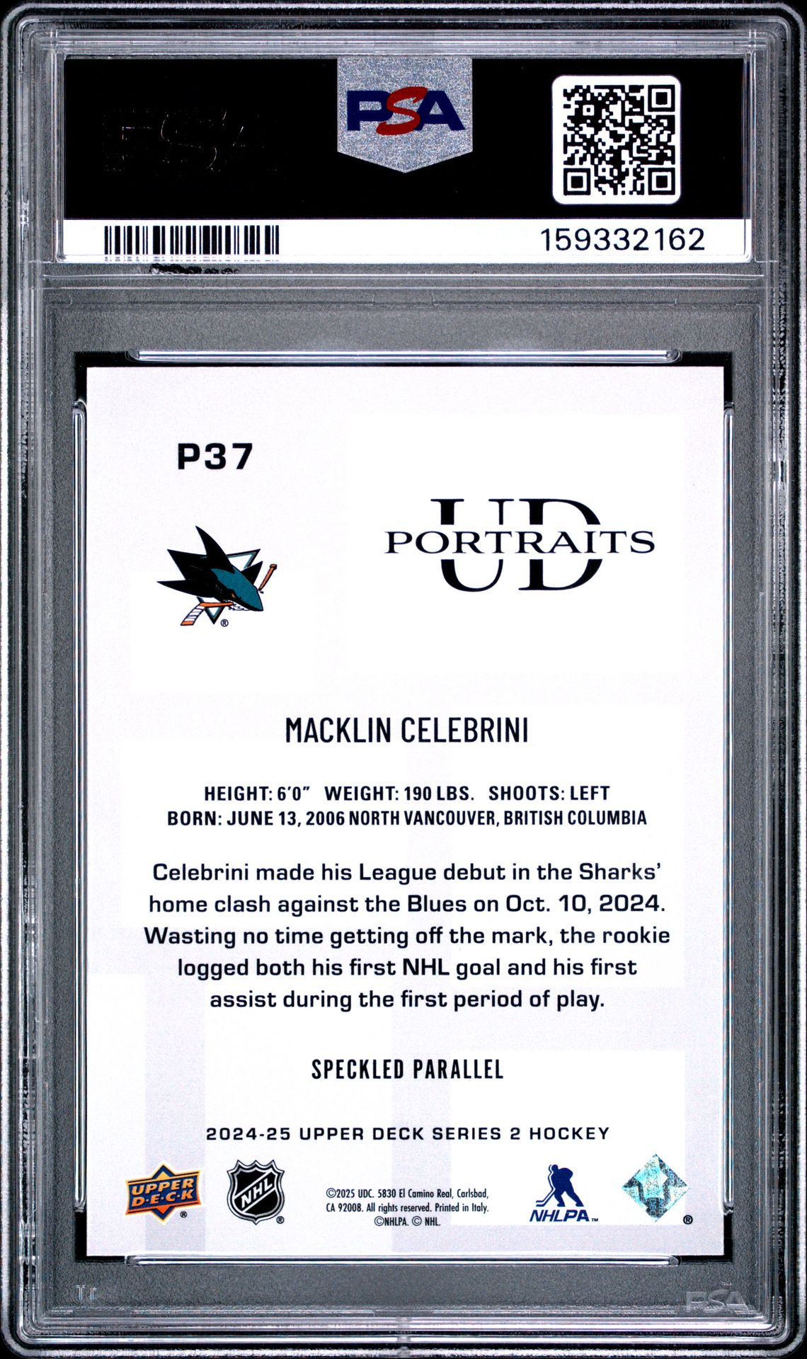 2024 Upper Deck Ud Portraits Macklin Celebrini #P37 (Ud Portraits-Speckle) Gem Mt 10 back view - PSA certificate #159332162