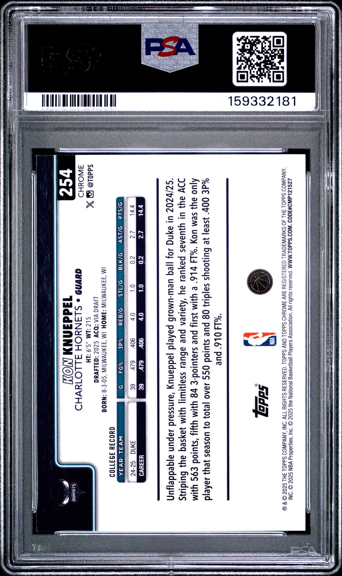 2025 Topps Chrome Kon Knueppel #254 (Image Variation) Mint 9 back