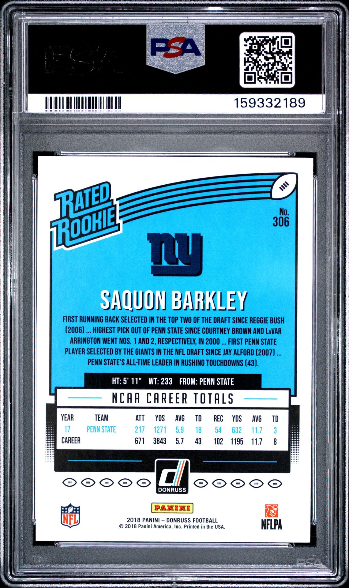 2018 Panini Donruss Saquon Barkley #306 Gem Mt 10 back view - PSA certificate #159332189