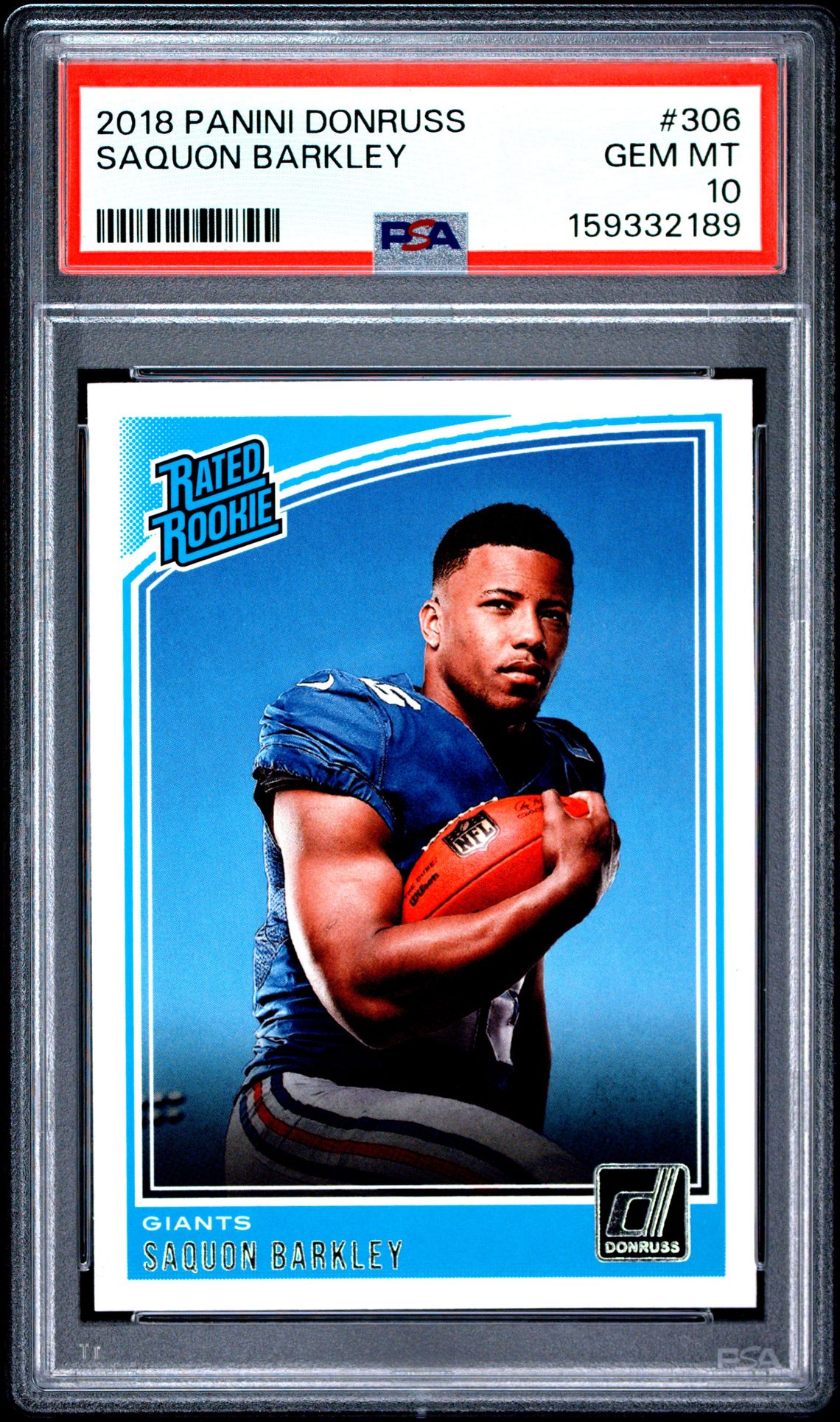 2018 Panini Donruss Saquon Barkley #306 Gem Mt 10 front view - PSA graded GEM MT 10