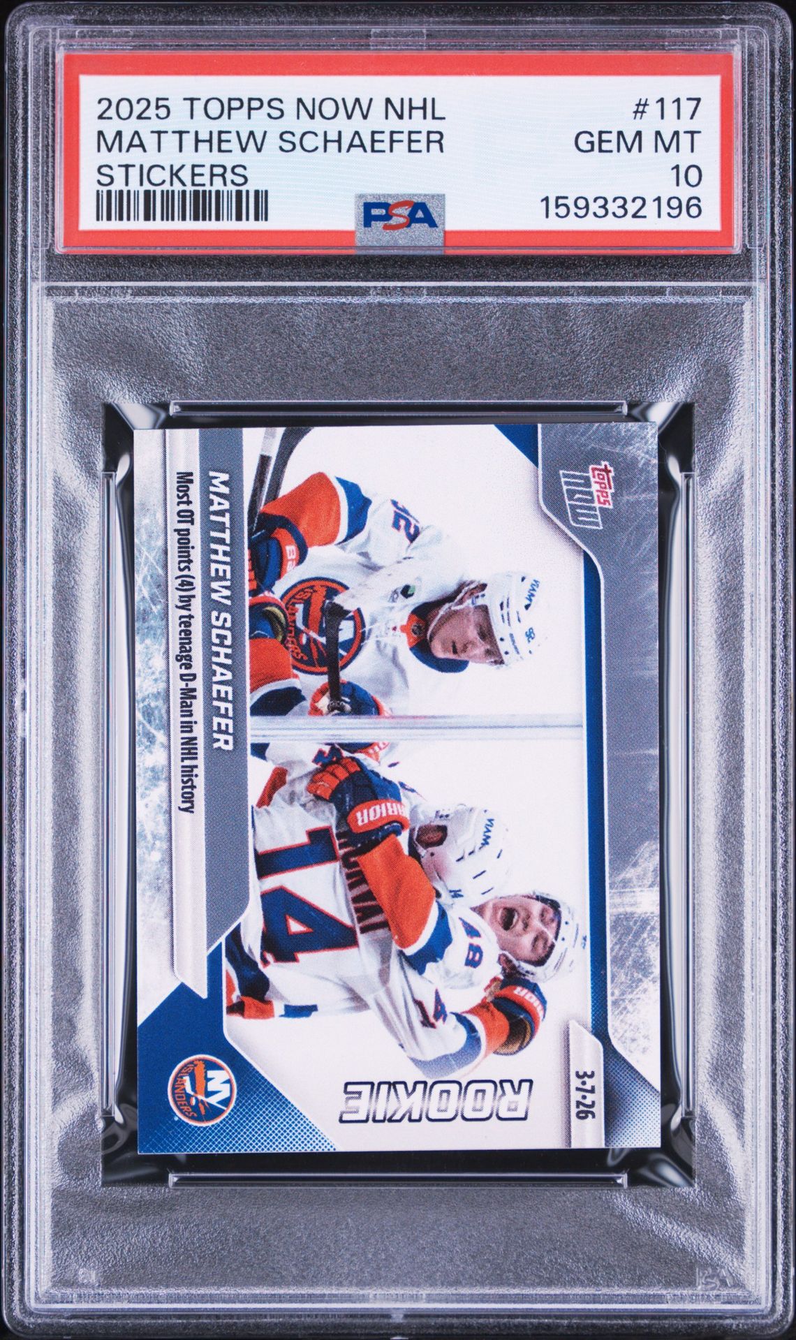 2025 Topps Now Nhl Stickers Matthew Schaefer #117 Gem Mt 10 front view - PSA graded GEM MT 10