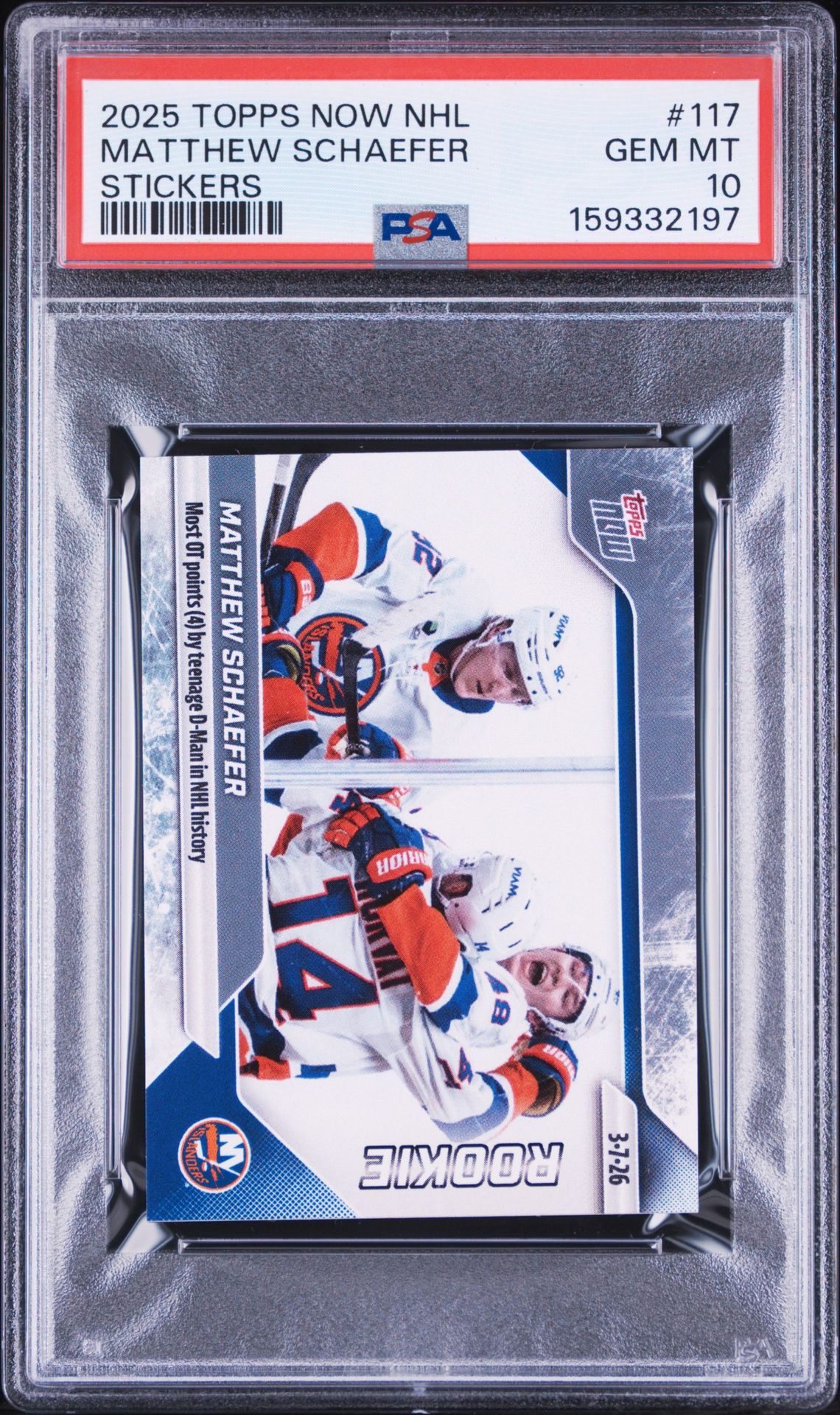2025 Topps Now Nhl Stickers Matthew Schaefer #117 Gem Mt 10 front view - PSA graded GEM MT 10