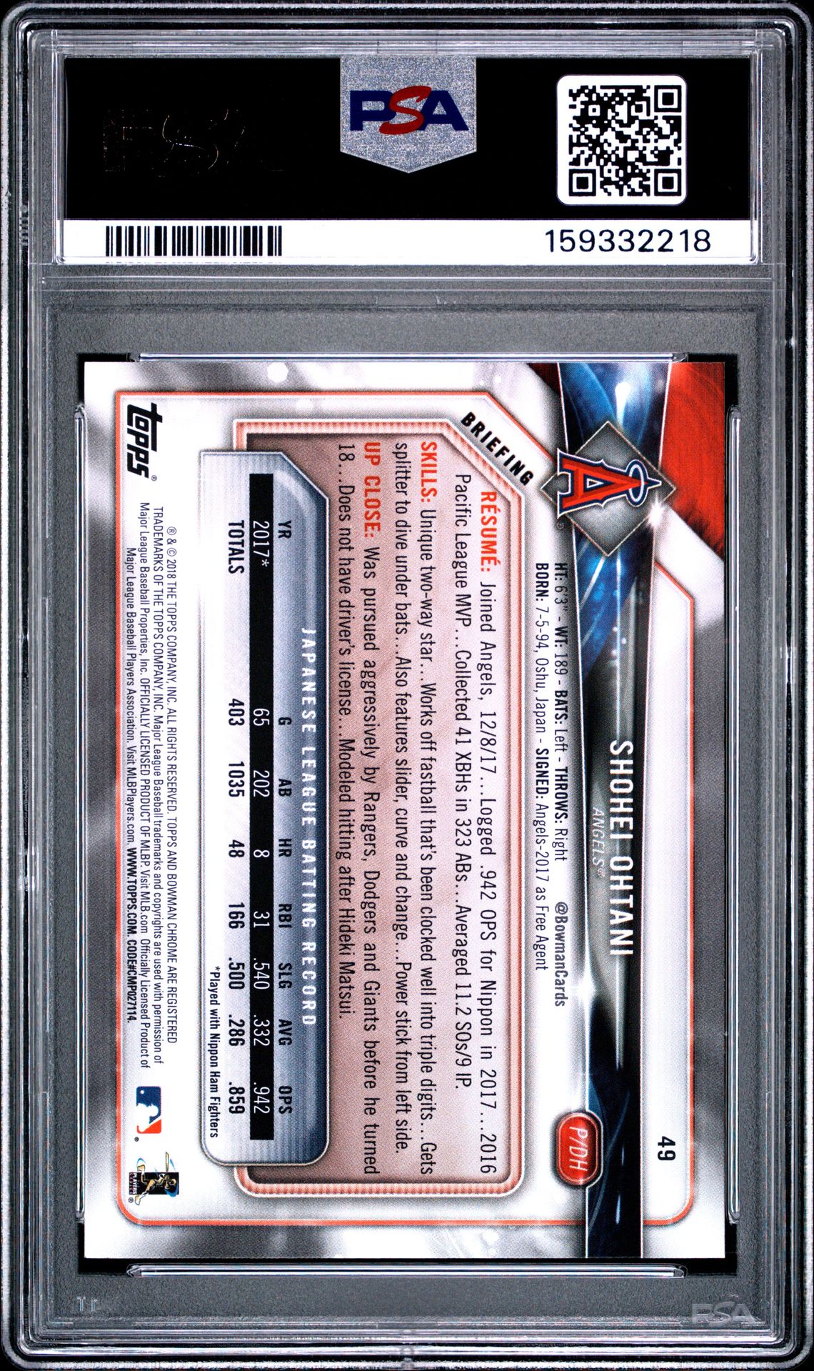 2018 Bowman Shohei Ohtani #49 Nm-Mt 8 back