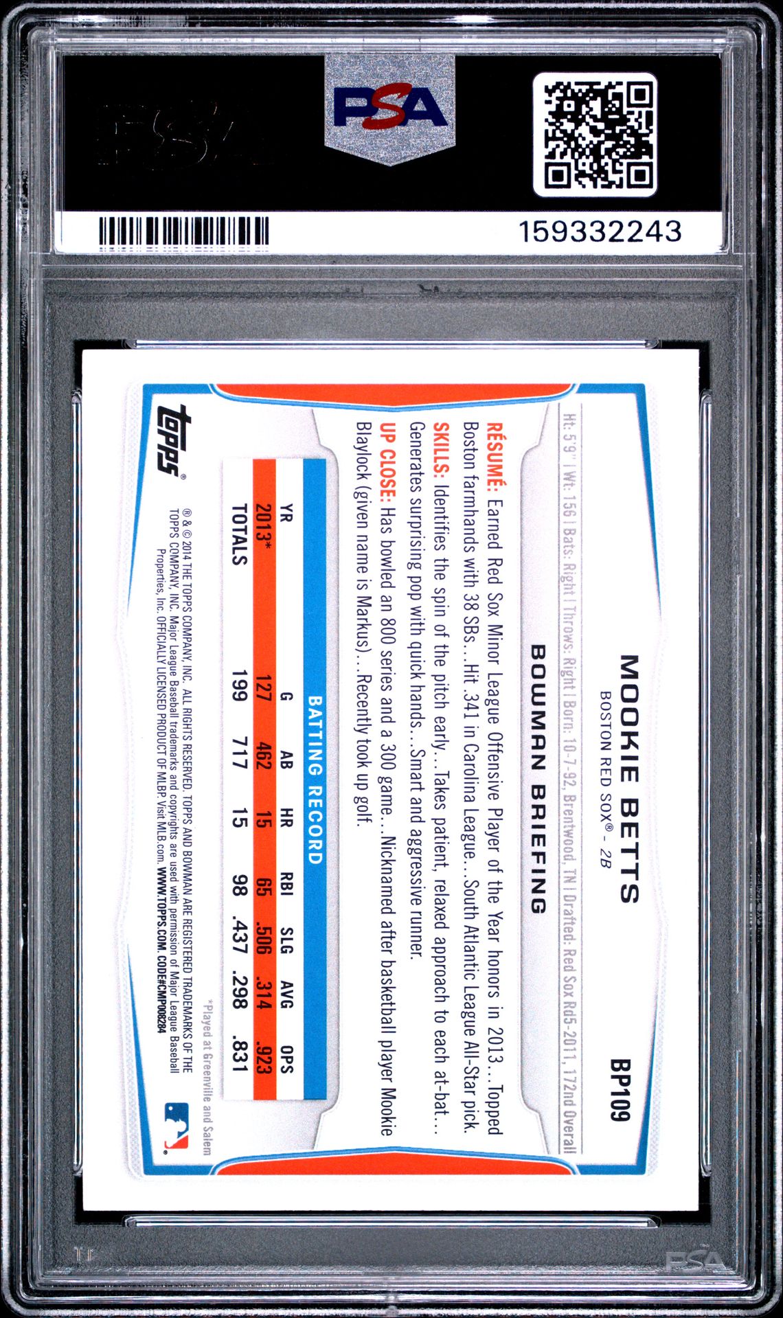2014 Bowman Prospects Mookie Betts #Bp109 Gem Mt 10 back