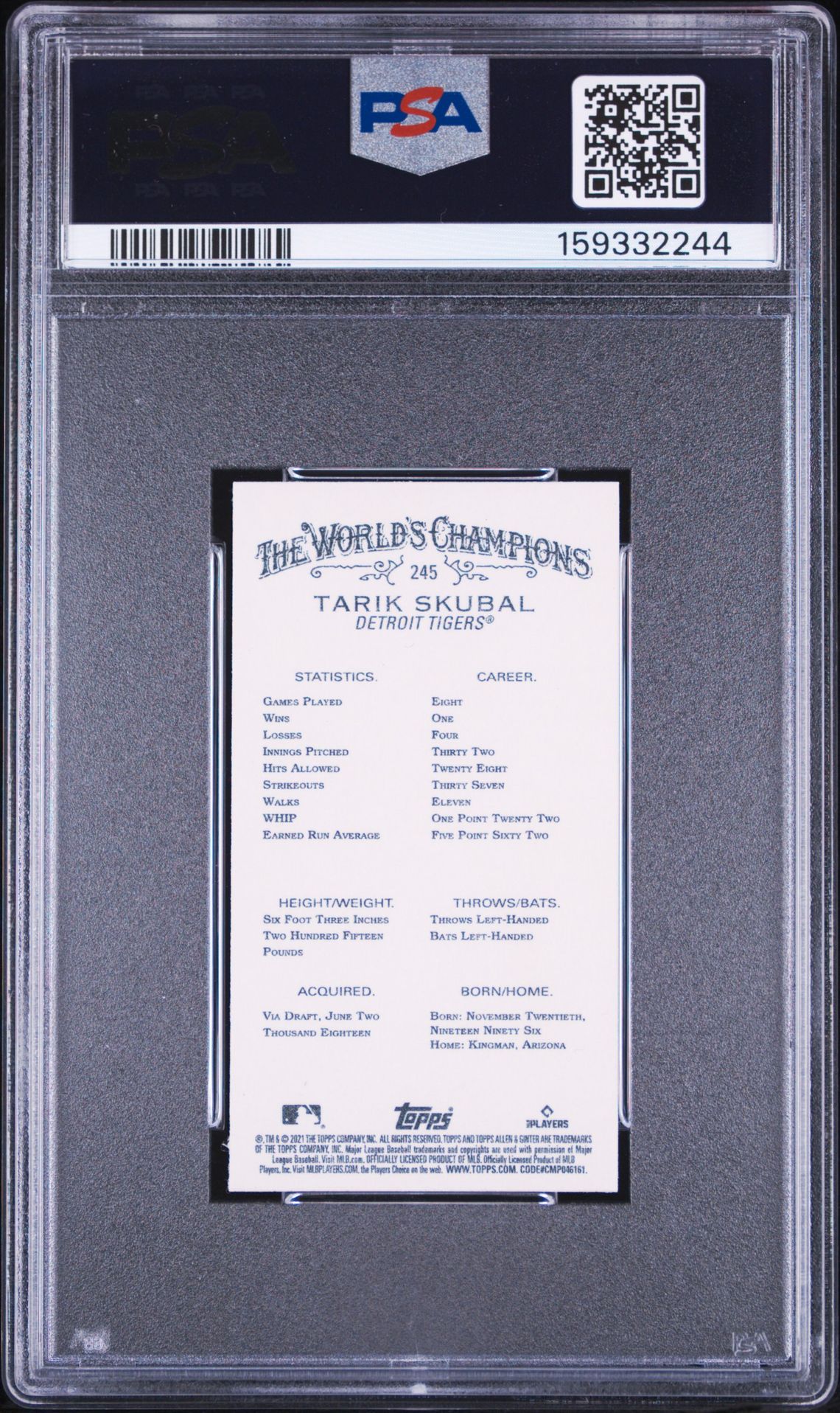 2021 Topps Allen & Ginter Tarik Skubal #245 (Mini-Black Border) Gem Mt 10 back