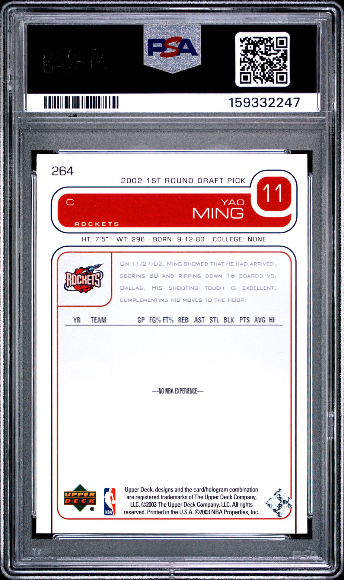 2002 Upper Deck Yao Ming #264 Gem Mt 10 back