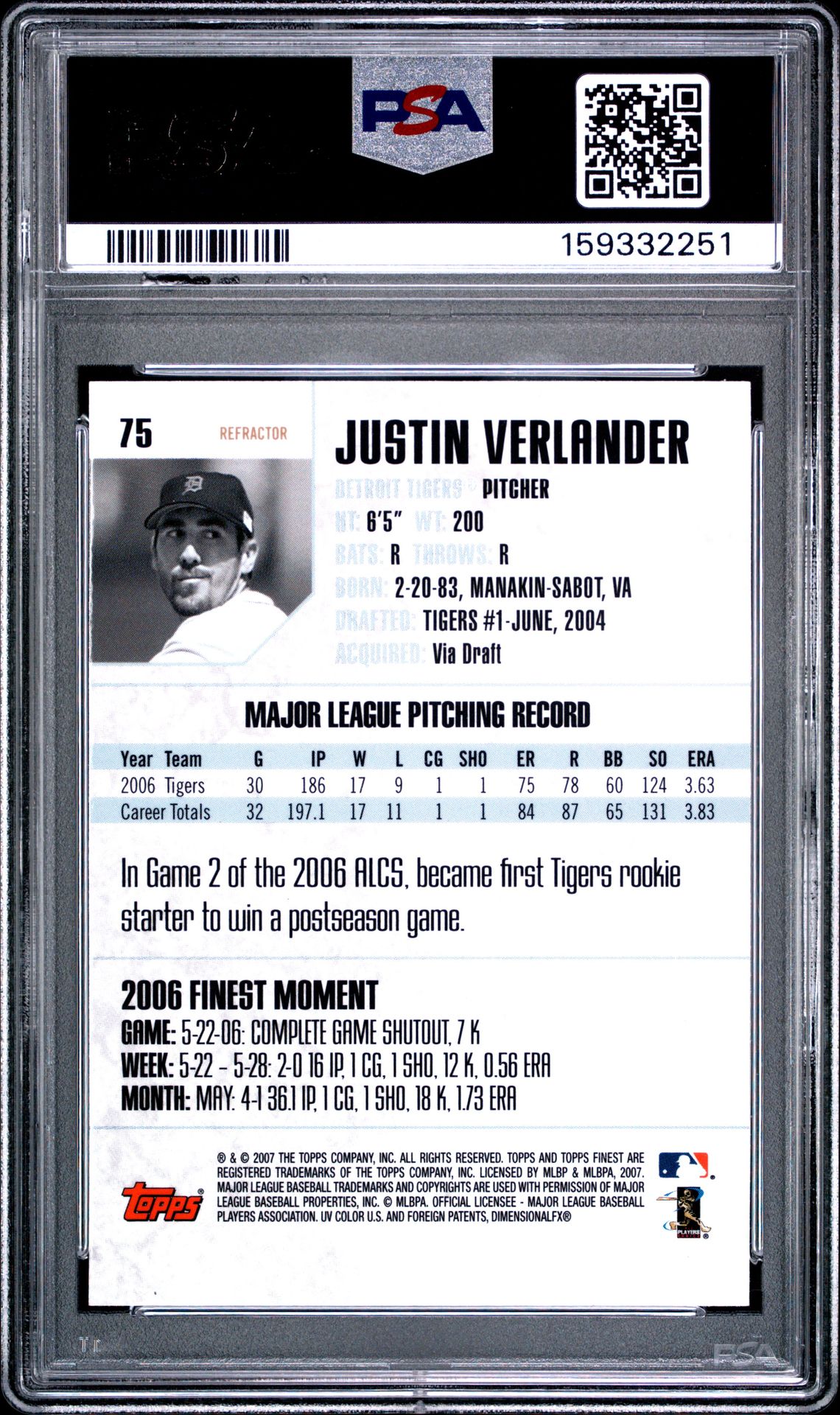 2007 Finest Justin Verlander #75 (Refractor) Mint 9 back