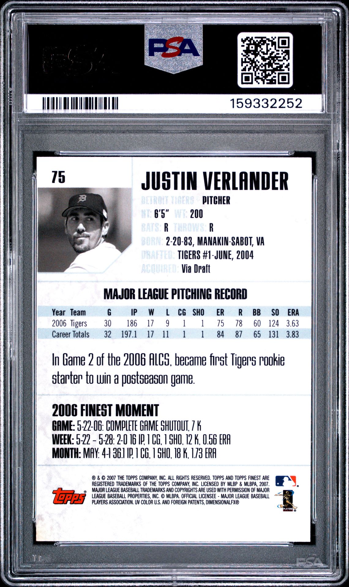 2007 Finest Justin Verlander #75 Mint 9 back