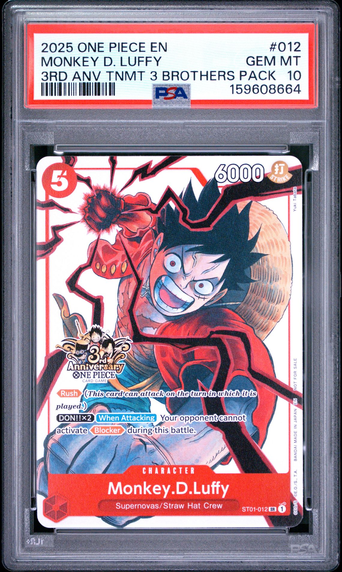 2025 One Piece 3Rd Anniversary Tournament 3 Brothers Pack Monkey D. Luffy #012 Gem Mt 10 front