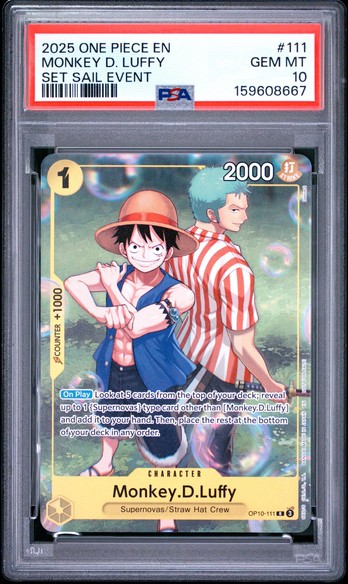 2025 One Piece Promos Monkey D. Luffy #111 (Set Sail Event) Gem Mt 10 front view - PSA graded GEM MT 10
