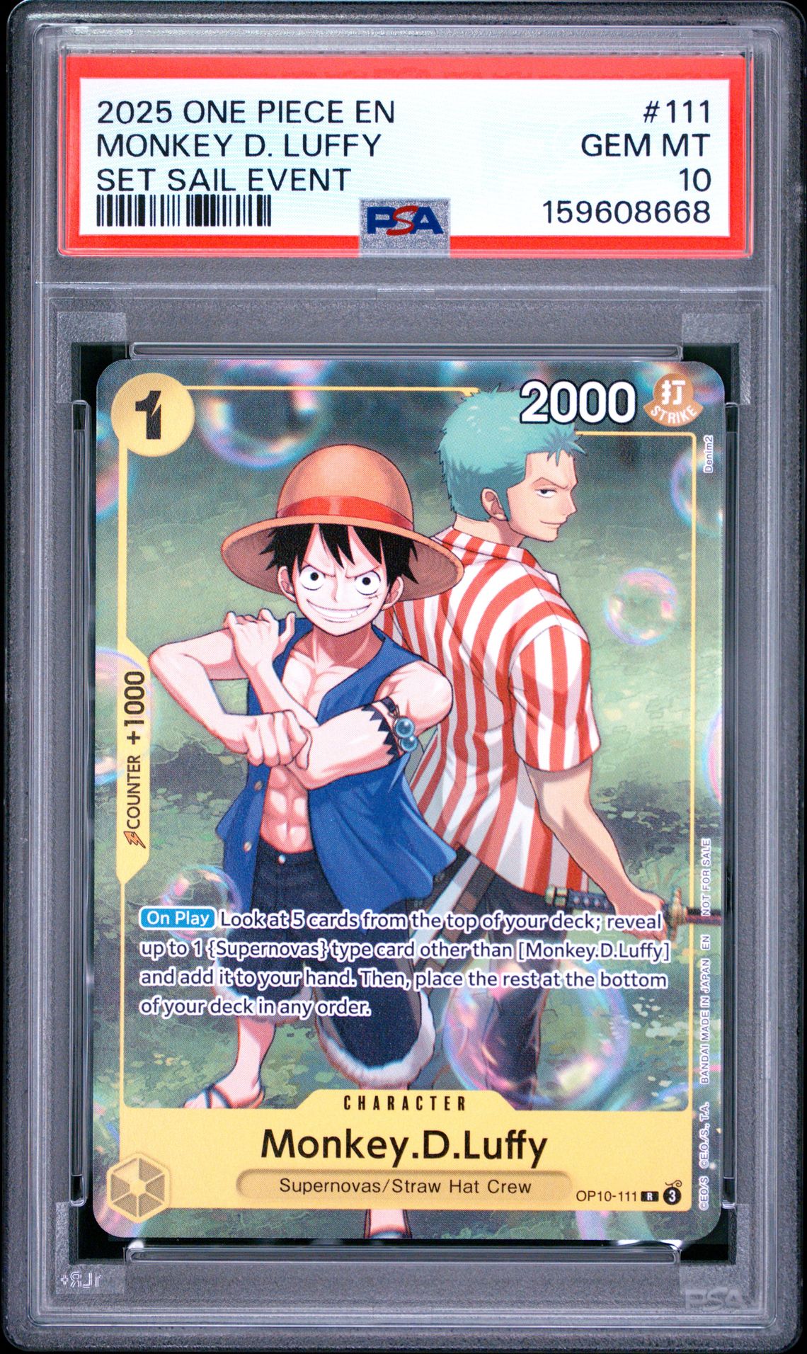 2025 One Piece Promos Monkey D. Luffy #111 (Set Sail Event) Gem Mt 10 front view - PSA graded GEM MT 10