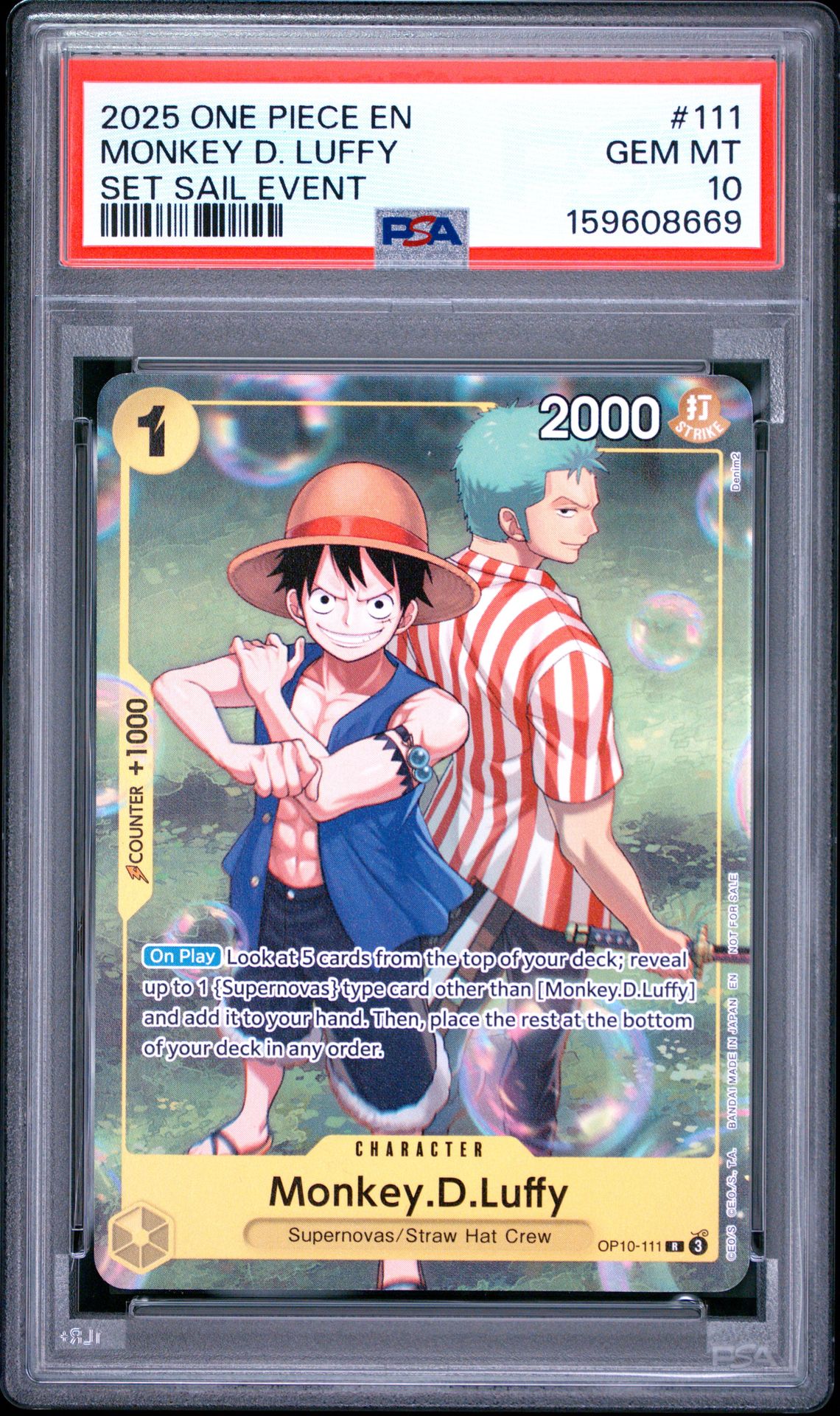 2025 One Piece Promos Monkey D. Luffy #111 (Set Sail Event) Gem Mt 10 front view - PSA graded GEM MT 10