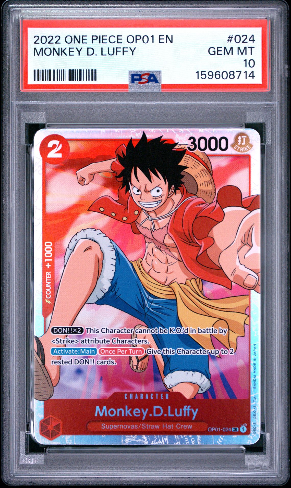 2022 One Piece Op01-Romance Dawn Monkey D. Luffy #024 Gem Mt 10 front view - PSA graded GEM MT 10