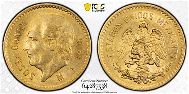 1910-M 5 Peso KM-464 Au MS62