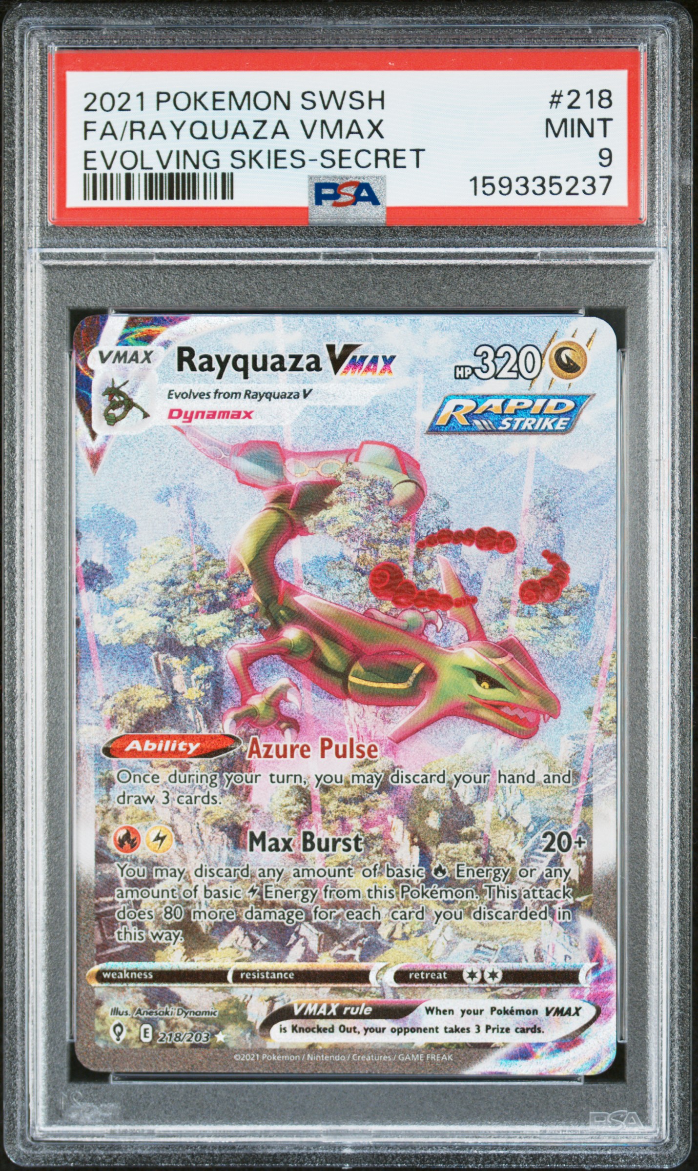 2021 POKEMON SWORD & SHIELD EVOLVING SKIES SECRET FULL ART/RAYQUAZA VMAX PSA 9