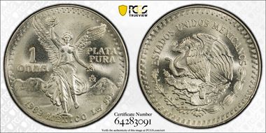 1989-Mo Onza Libertad Ag w/o Dot before 999 MS67