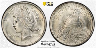 1921 $1 High Relief, Peace MS64