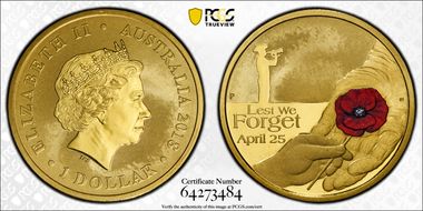 2018-P $1 Anzac - Lest We Forget Red Poppy Colorized MS69