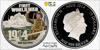 2014 $10 War Declared 5oz Ag Colorized PR70DCAM