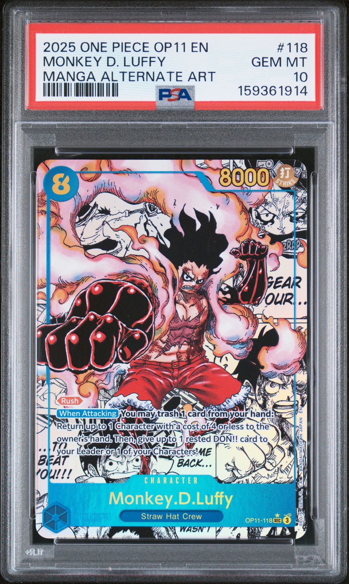 2025 One Piece Op11-A Fist Of Divine Speed Monkey D. Luffy #118 (Manga Alternate Art) Gem Mt 10 front