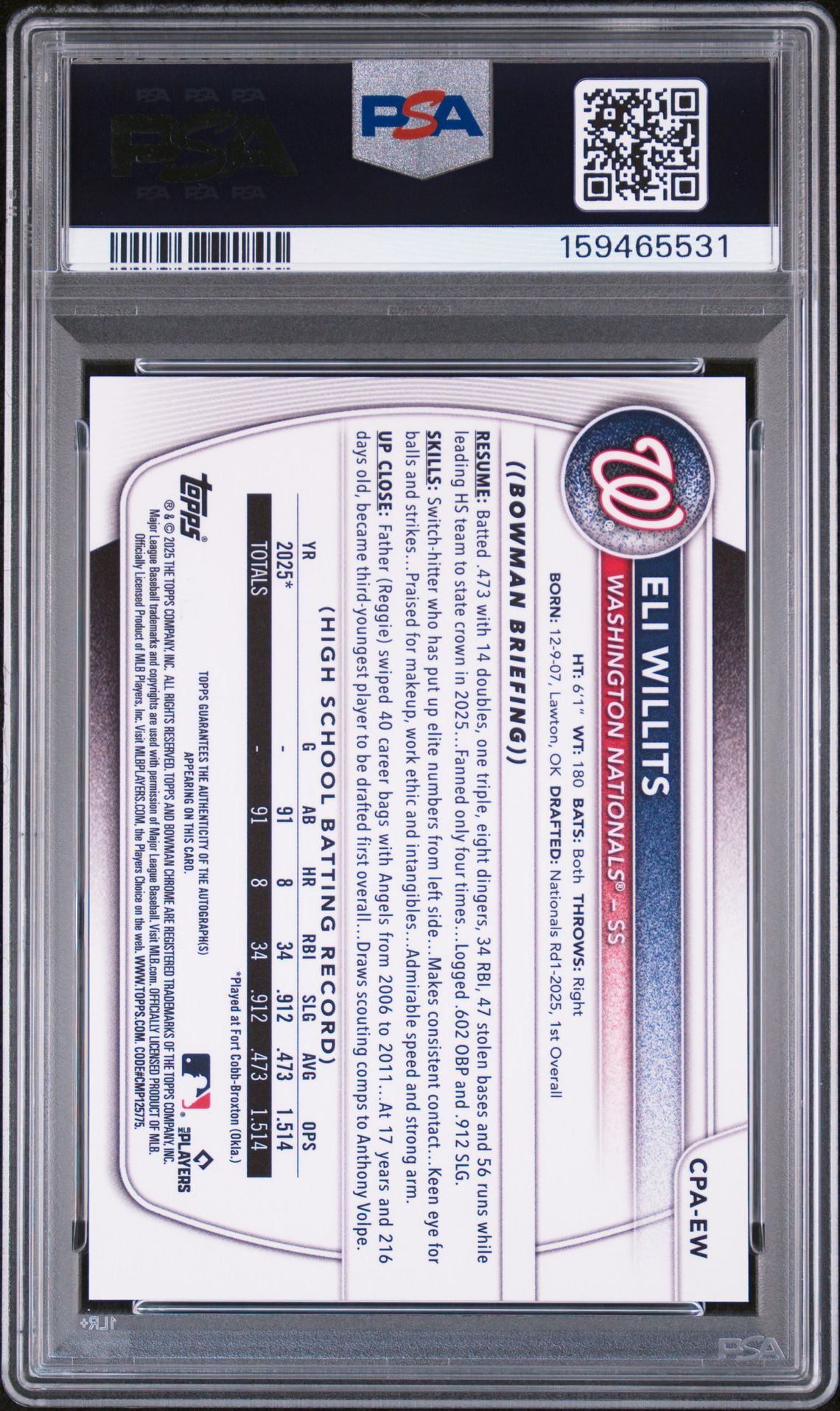 2025 Bowman Draft Chrome Prospect Autographs Eli Willits #Cpa-Ew Mint 9 back