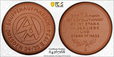 1934 Medal  Scheuch-1370a Dresden Brown Porcelain MS65