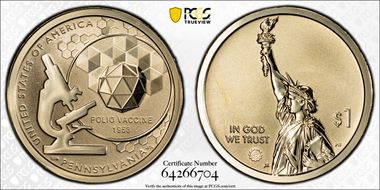 2019-S $1 American Innovation PA Rev PR Polio Vaccine 1953 PR70