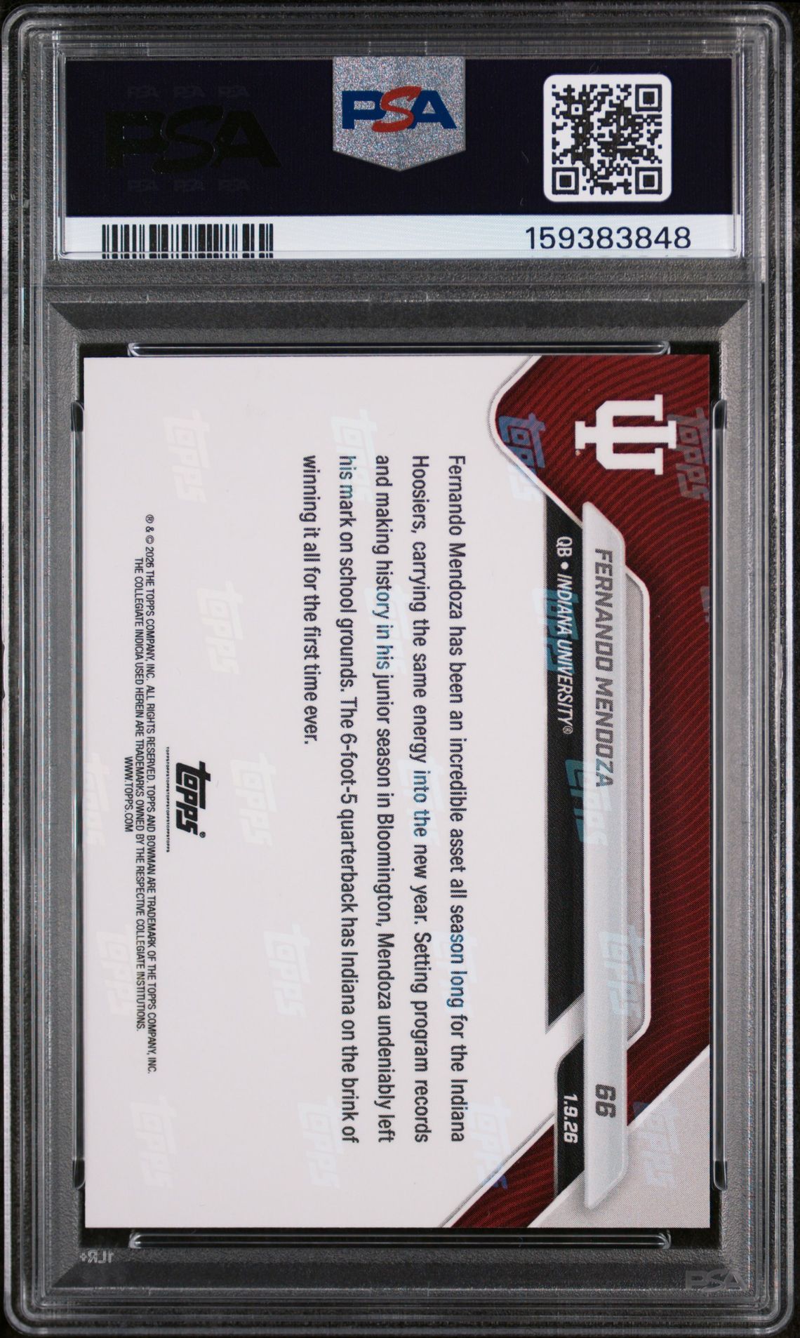 2025 Bowman U Now Fernando Mendoza #66 Gem Mt 10 back view - PSA certificate #159383848