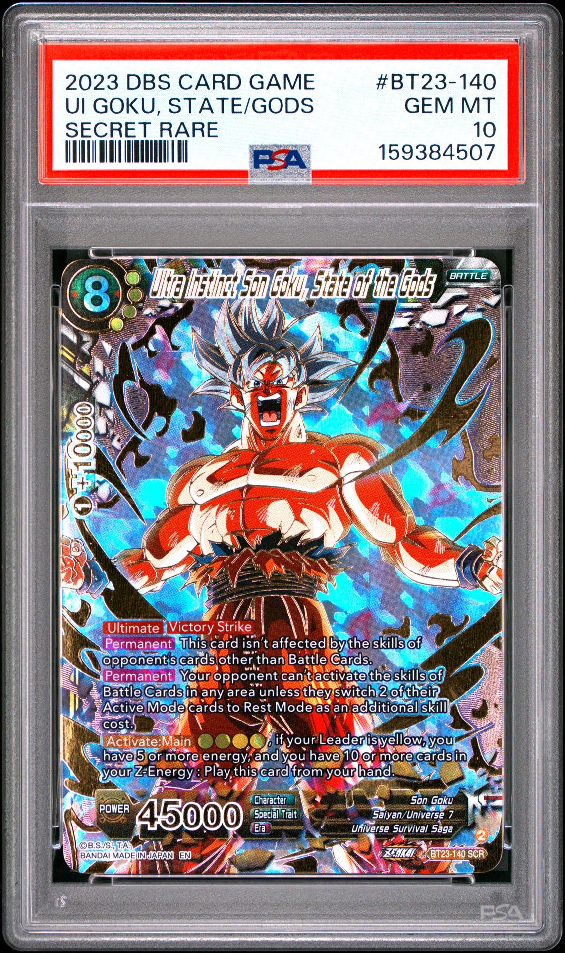 2023 Dragon Ball Super Card Game Series 23 Perfect Combination Ui Goku, State/Gods #Bt23-140 (Secret Rare) Gem Mt 10 front view - PSA graded GEM MT 10