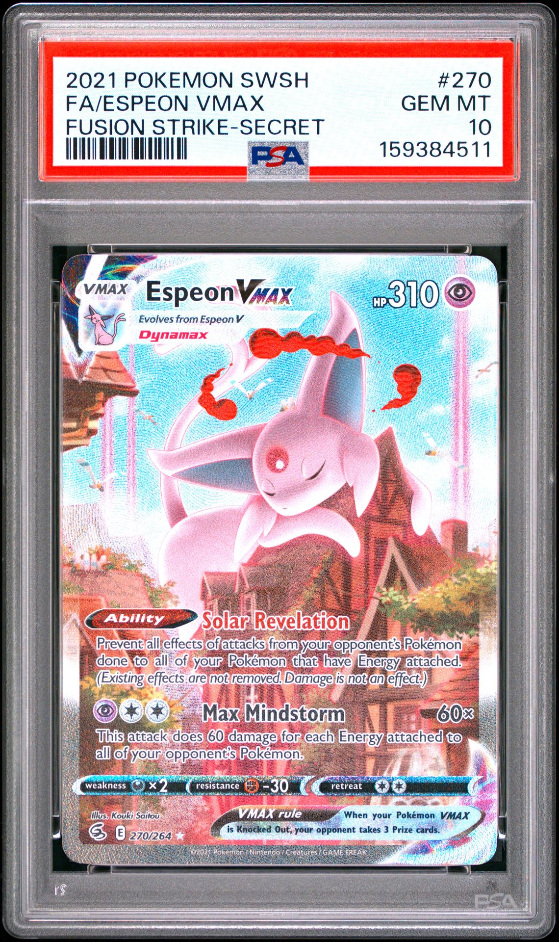 2021 Pokemon Sword & Shield Fusion Strike Fa/Espeon Vmax #270 (Fusion Strike-Secret) Gem Mt 10 front view - PSA graded GEM MT 10