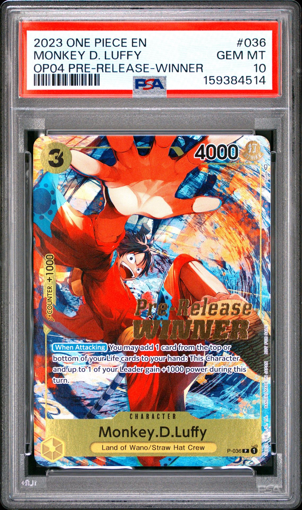 2023 One Piece Promos Monkey D. Luffy #036 (Op04 Pre-Release-Winner) Gem Mt 10 front view - PSA graded GEM MT 10