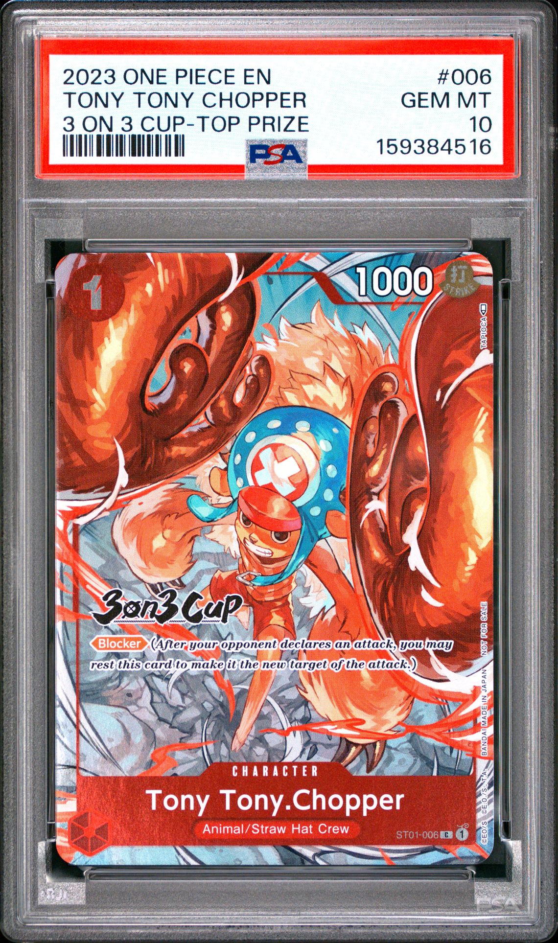 2023 One Piece Promos Tony Tony Chopper #006 (3 On 3 Cup-Top Prize) Gem Mt 10 front view - PSA graded GEM MT 10