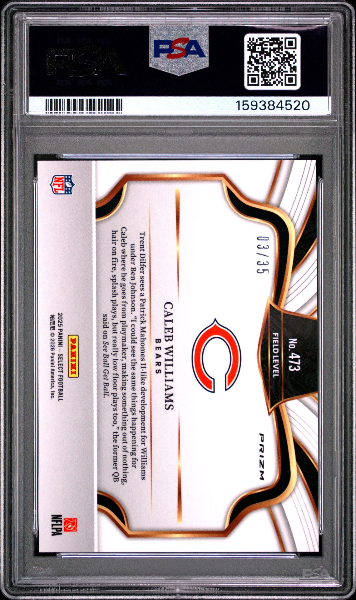 2025 Panini Select Caleb Williams #473 (White Prizm) Gem Mt 10 back view - PSA certificate #159384520