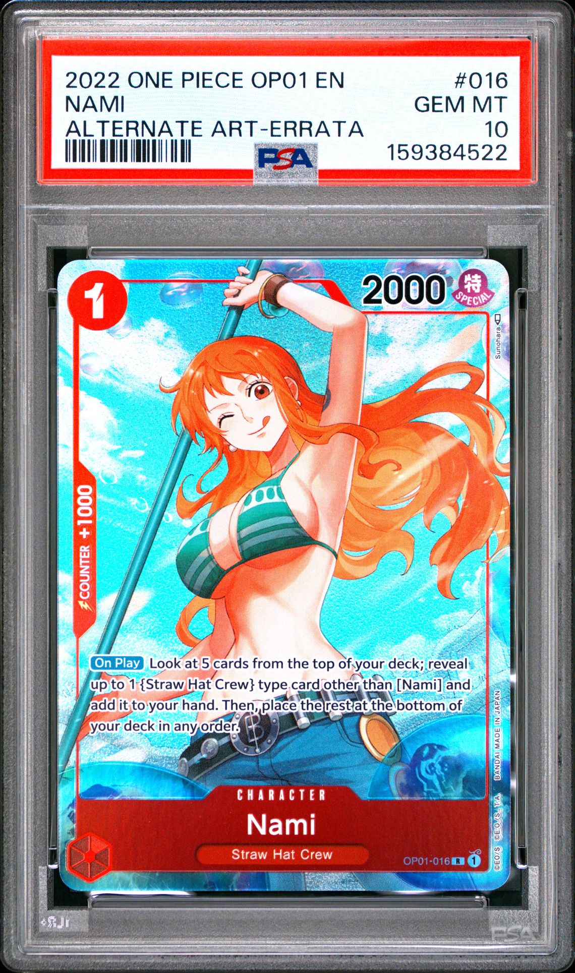 2022 ONE PIECE OP01-ROMANCE DAWN NAMI ALTERNATE ART-ERRATA 016 GEM MT 10 front