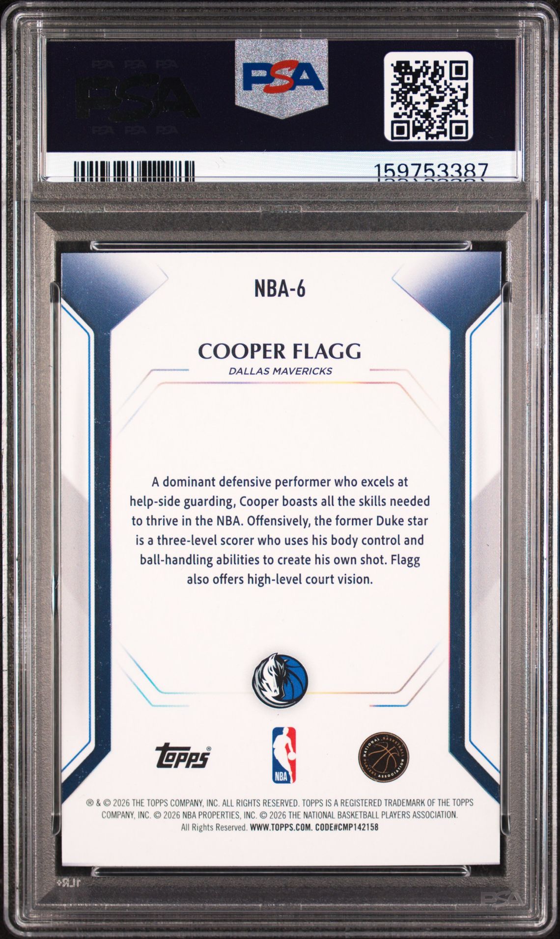 2026 Topps Collectors Kit Cooper Flagg #Nba-6 Gem Mt 10 back view - PSA certificate #159753387