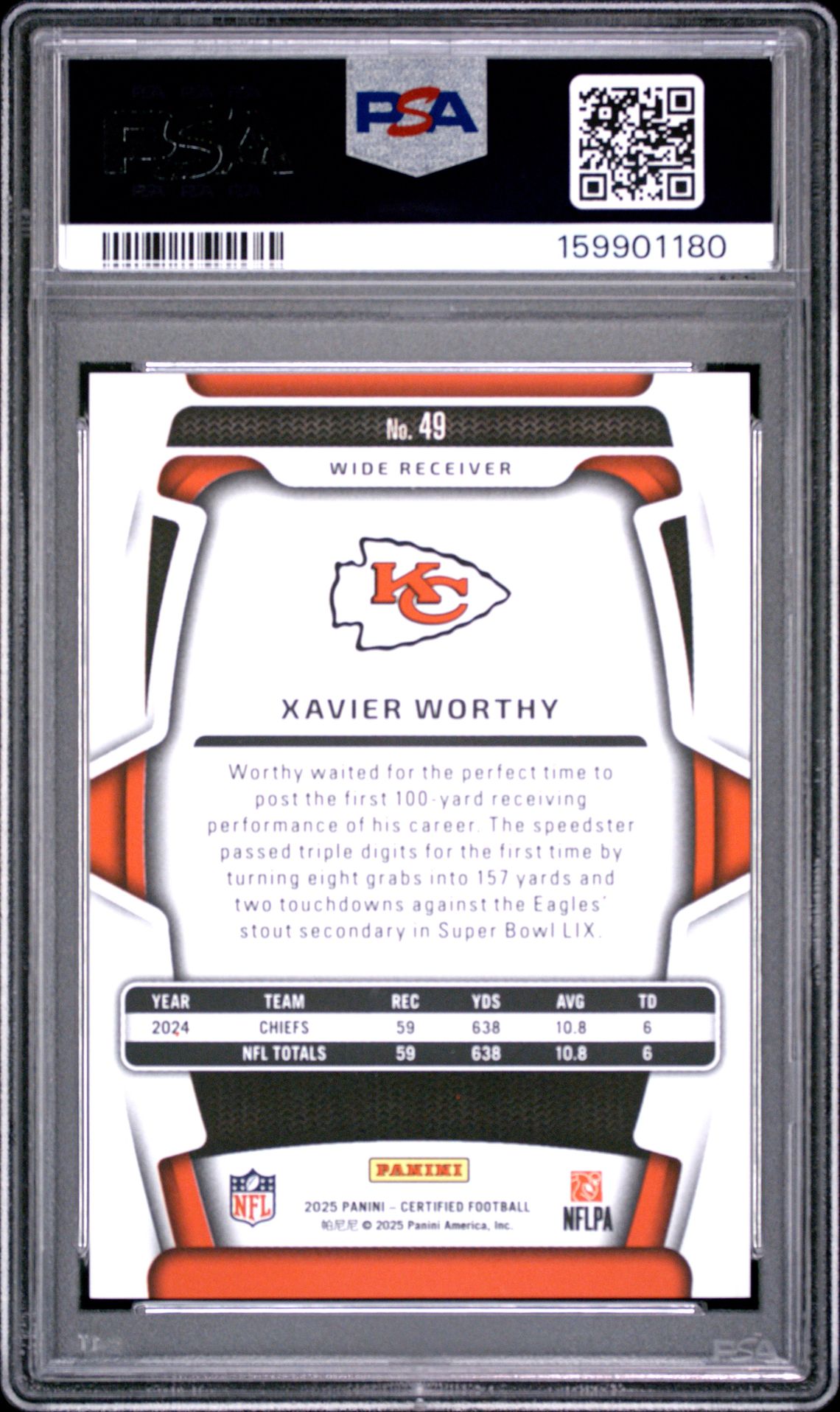 2025 Panini Certified Xavier Worthy #49 (Mirror Orange) Gem Mt 10 back
