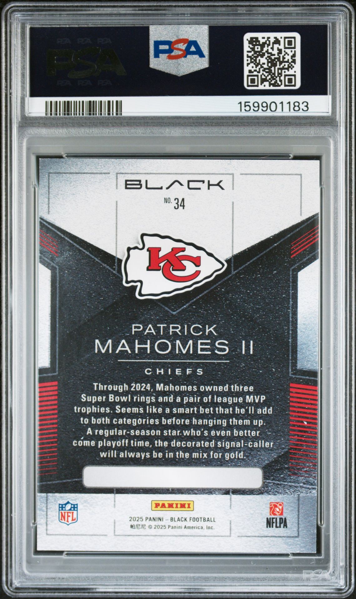 2025 Panini Black Patrick Mahomes Ii #34 Gem Mt 10 back view - PSA certificate #159901183
