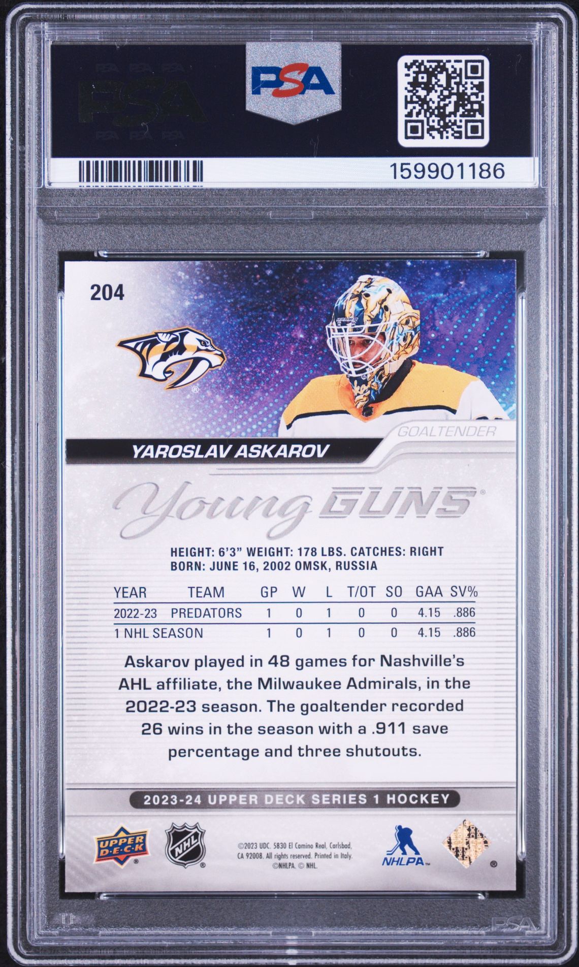 2023 Upper Deck Yaroslav Askarov #204 Mint 9 back