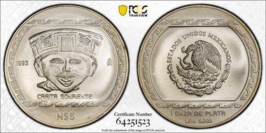 1993-Mo 5 Peso Carita Sonriente KM-584 Ag MS67