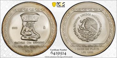 1993-Mo 5 Peso Anciano con brasero T-1 Mo Right Obv. Field MS67