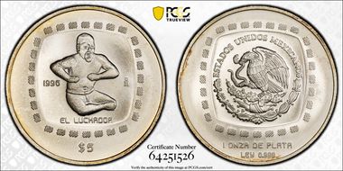 1996-Mo 5 Peso El Luchador KM-597 Ag MS68