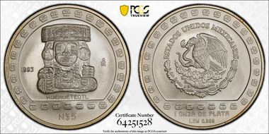 1993-Mo 5 Peso Huehueteotl KM-649 Ag MS69