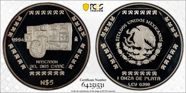 1994-Mo 5 Peso Mascaron del Dios Chaac KM-577  Ag PR69DCAM