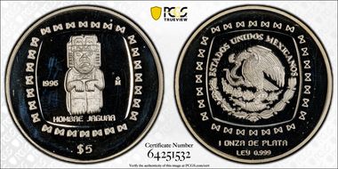 1996-Mo 5 Peso Hombre Jaguar Mo Right. KM-596 Ag PR66DCAM