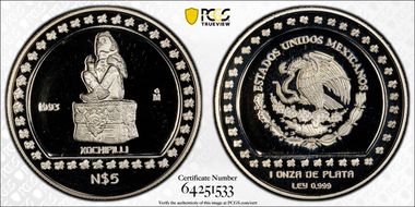 1993-Mo 5 Peso Xochipilli KM-647  Ag PR69DCAM